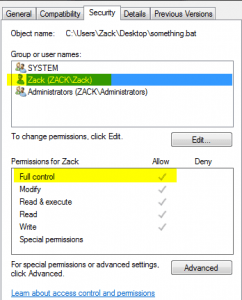 default permissions in user folder