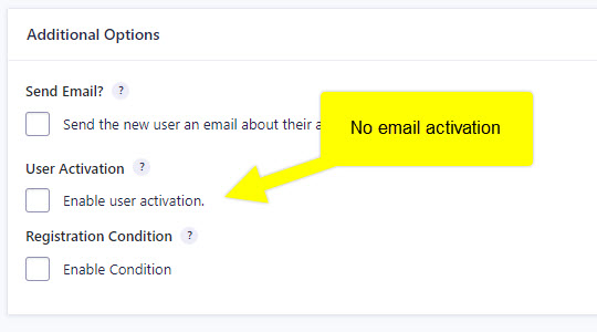 Email activation is turned off in Gravity Forms Registration settings.